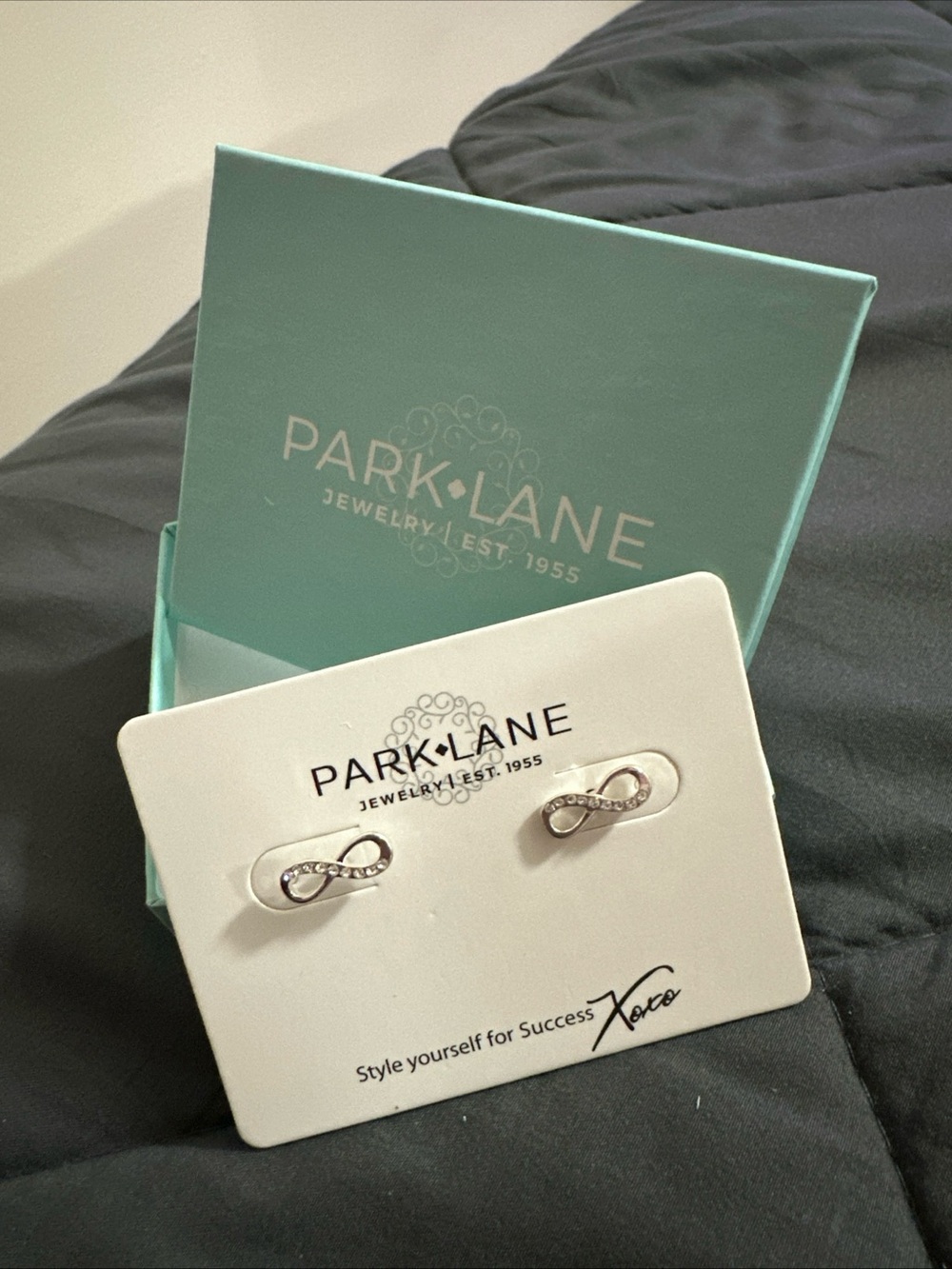 Park Lane Silver Infinity Stud Earrings with Teal Box